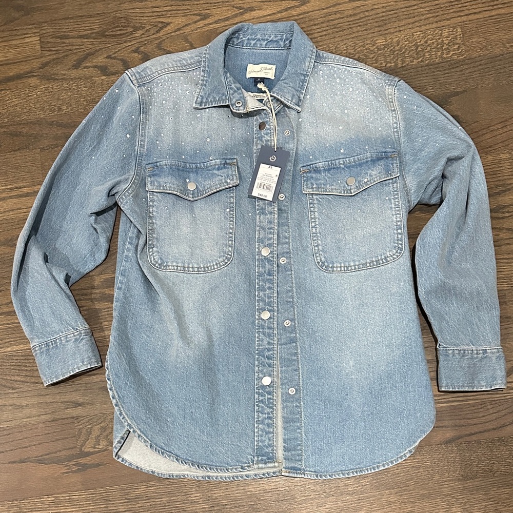Universal Thread Light Blue Rhinestone Denim Snap Front Shirt / Shacket Sz XS